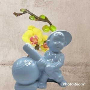 Vintage Haeger Blue Baseball Boy Pottery Planter 1950s